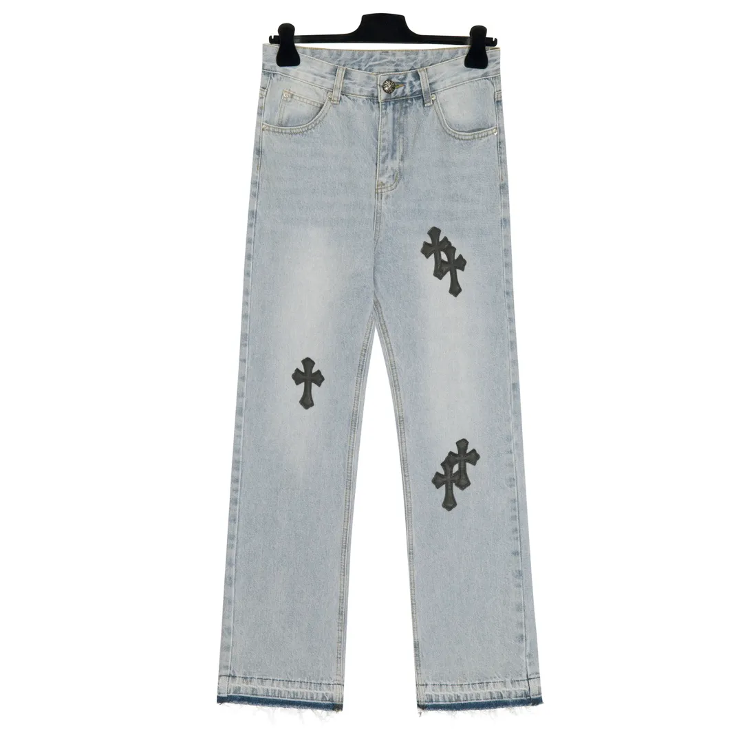 P206 [Next day] Chrome Heart Cross patch leather jeans Top heavy washing process Calf leather laser cut cross Distressed silver hardware Straight version slimming the upper body High-end quality distinguishes the market currency Color: light blue and black Size: S M L XL Detailed sizes can be found in Figure 9